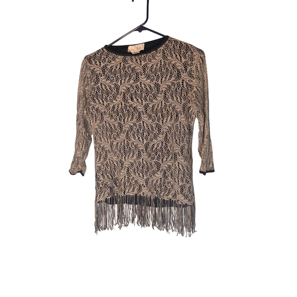 Vintage Vue' Point Metallic Gold Open Knit Fringe Top Made in USA Small